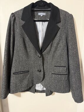 CASS Grey Tweed Blazer with Black Notch Collar